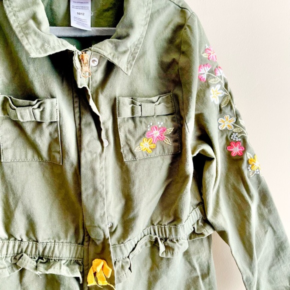 Little Lass Army Green Embroidered Flower Ruffle Jacket - Picture 2 of 4